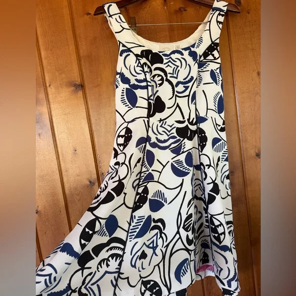 Anthropologie Blue and Black Vanessa Virginia Ink Blooms Floral Dress - Picture 2 of 5